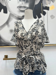 Ruby Black/White Floral Print Chiffon Pleaded Ruffle top