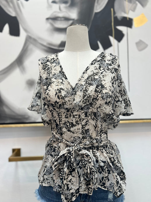 Ruby Black/White Floral Print Chiffon Pleaded Ruffle top