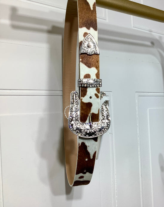 Jessamine White and Brown Cow Print Rhinestone Belt