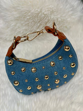 Load image into Gallery viewer, "D" Inspired "LOVE" crescent shaped Gold Studded Vegan Leather  Bag