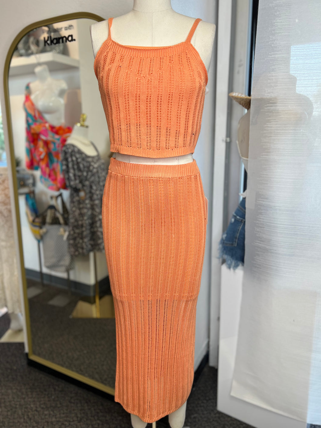 Paige Orange Lined Knitted 2 Piece Skirt Set