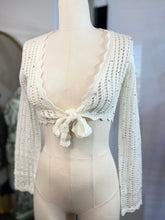 Load image into Gallery viewer, White Open Knit Long Sleeve Front Tie Beads Detail Cardigan