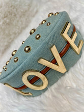 Load image into Gallery viewer, "D" Inspired "LOVE" crescent shaped Gold Studded Vegan Leather  Bag