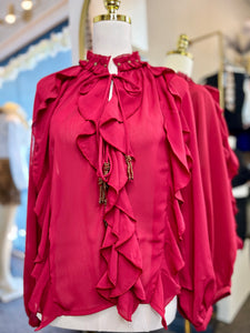 Justine Burgundy Ruffle Long Sleeve Top