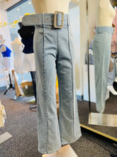 Load image into Gallery viewer, Dayra Light Washed Denim Flare Jeans Faux Swarovski Belt Included