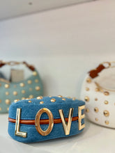 Load image into Gallery viewer, "D" Inspired "LOVE" crescent shaped Gold Studded Vegan Leather  Bag