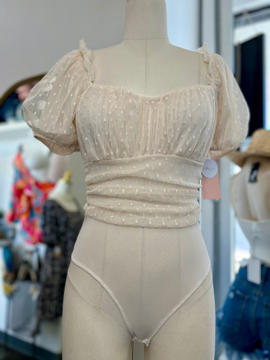Sofia Cream Sleeve Mesh Dot Bodysuit