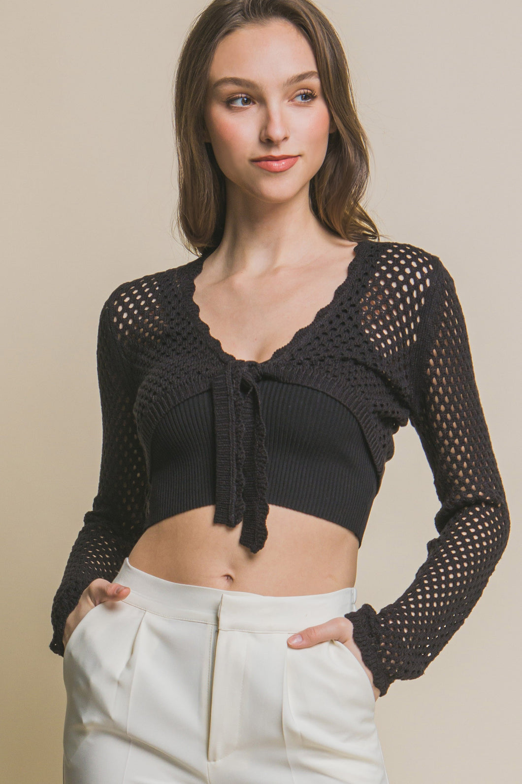 Kim Black Open Knit Long Sleeve Cardigan Top