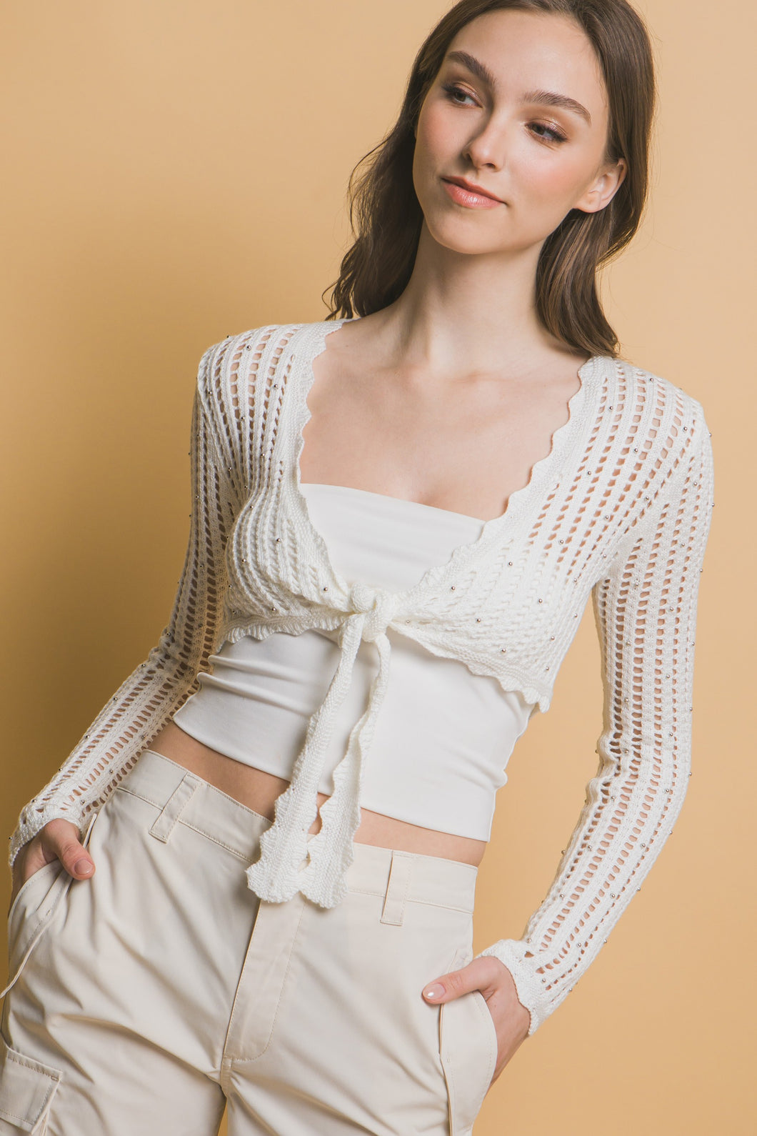 Appolonia Crotchet Long Sleeve Tie Up Cardigan