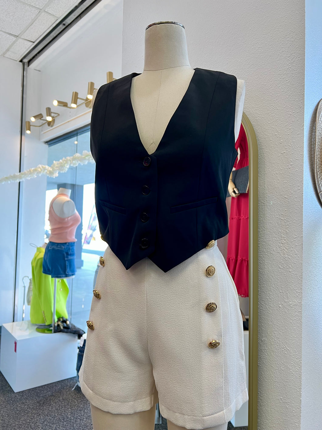 Tanya Pink, Black, and white Sleeveless V-Neck Button Down Vest