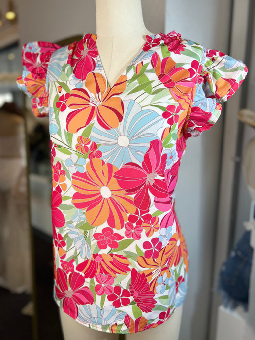 CLEARANCE Destiny Vibrant Colors Floral Ruffle Top