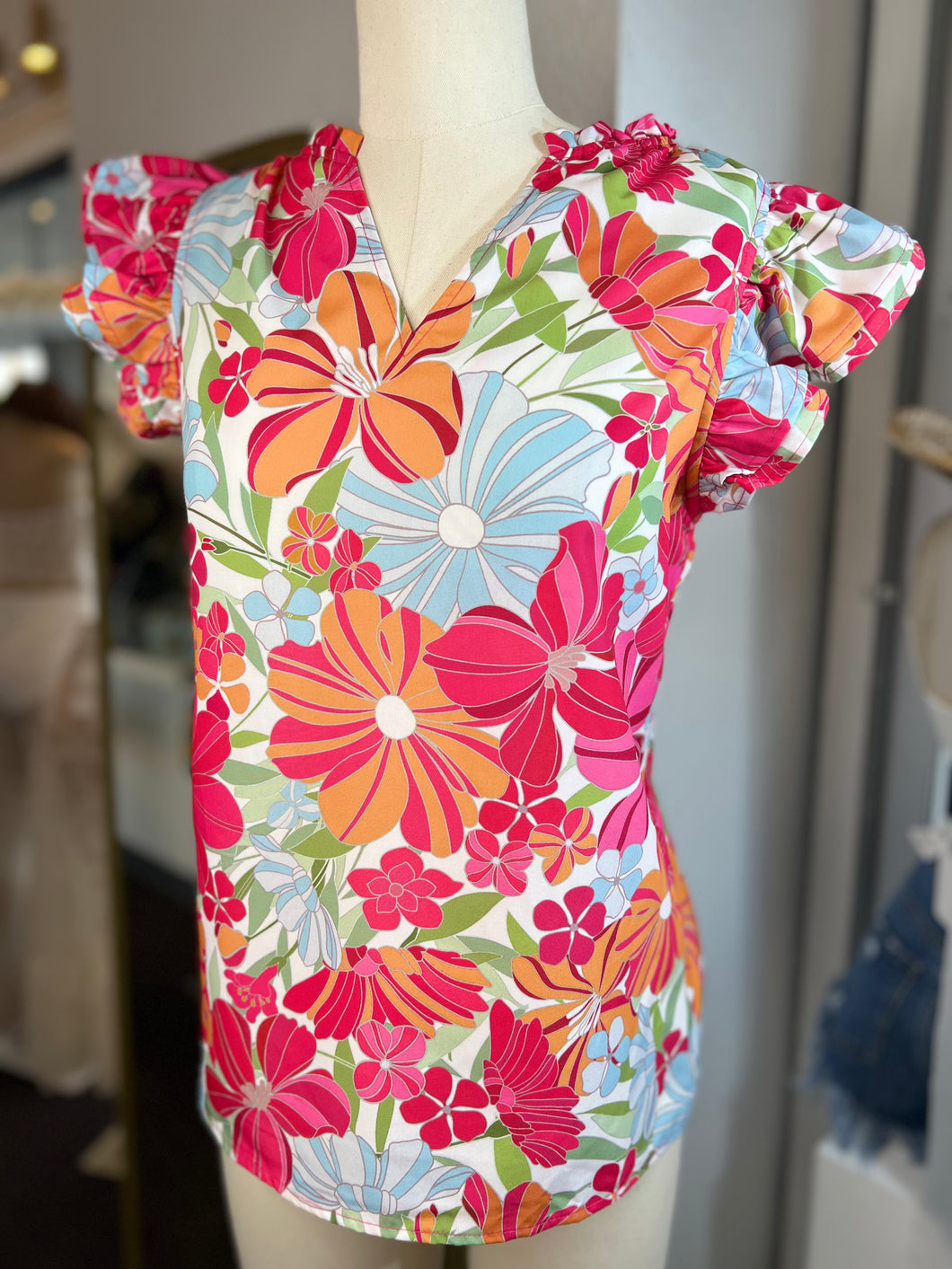 CLEARANCE Destiny Vibrant Colors Floral Ruffle Top