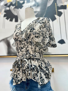 Ruby Black/White Floral Print Chiffon Pleaded Ruffle top