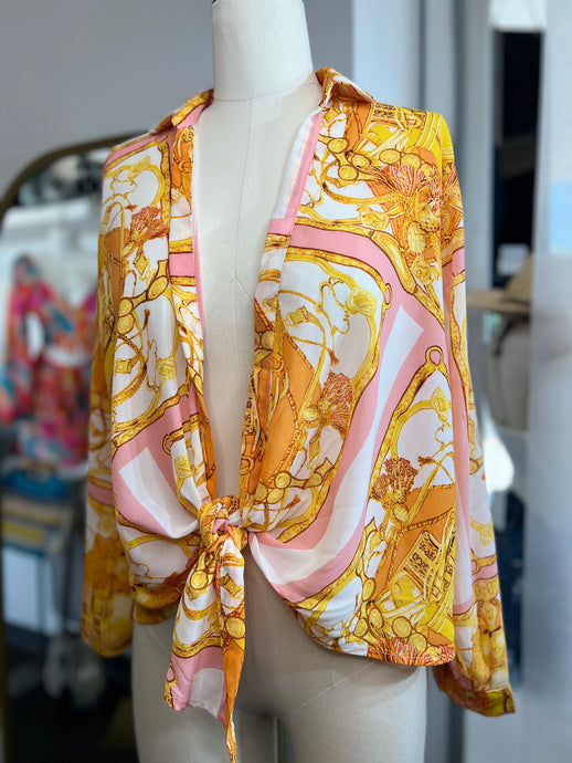 *CLEARANCE* Blush/Gold Long sleeve front tie Cardigan Inspired Top