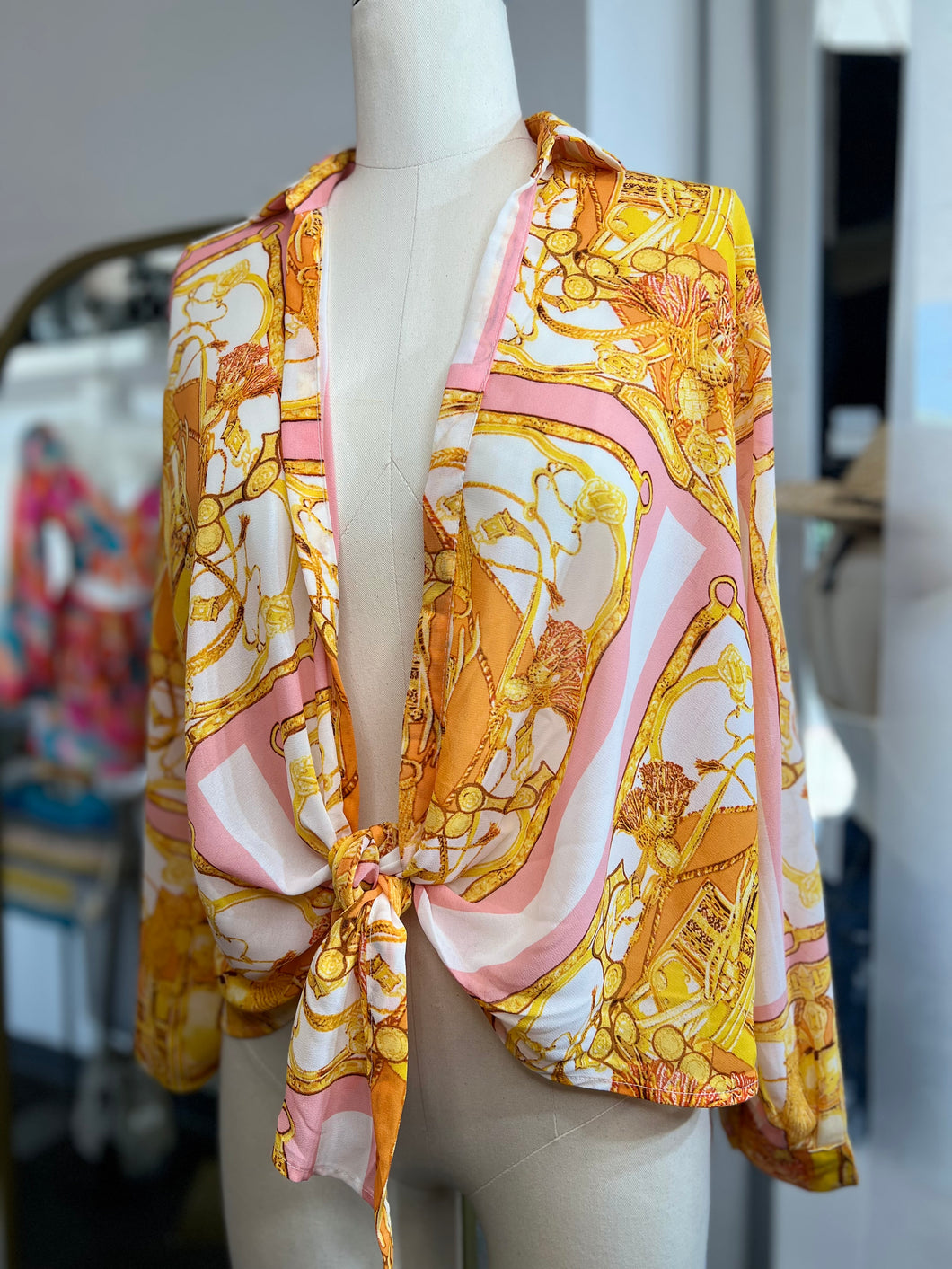 *CLEARANCE* Blush/Gold Long sleeve front tie Cardigan Inspired Top