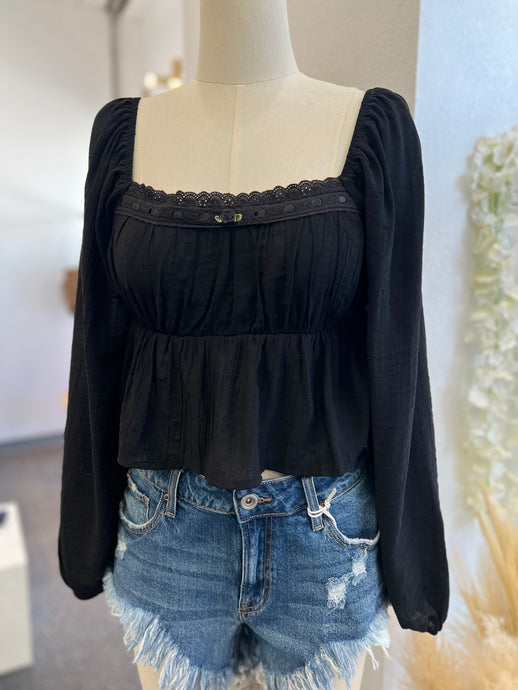 Brittney Black Long Sleeve Peasant Style Blouse
