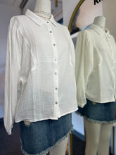 Load image into Gallery viewer, Clara White Collared Buttoned Dropped Shoulders Long Sleeve Top