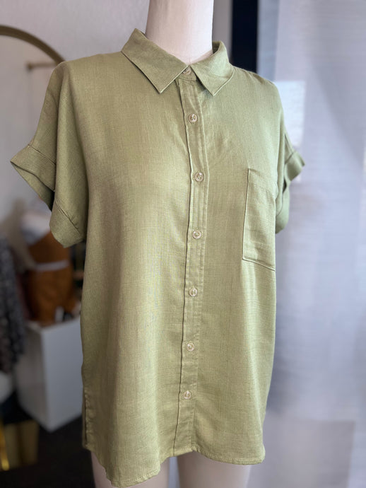 CLEARANCE Beyra olive Fold Sleeve Button Down Top
