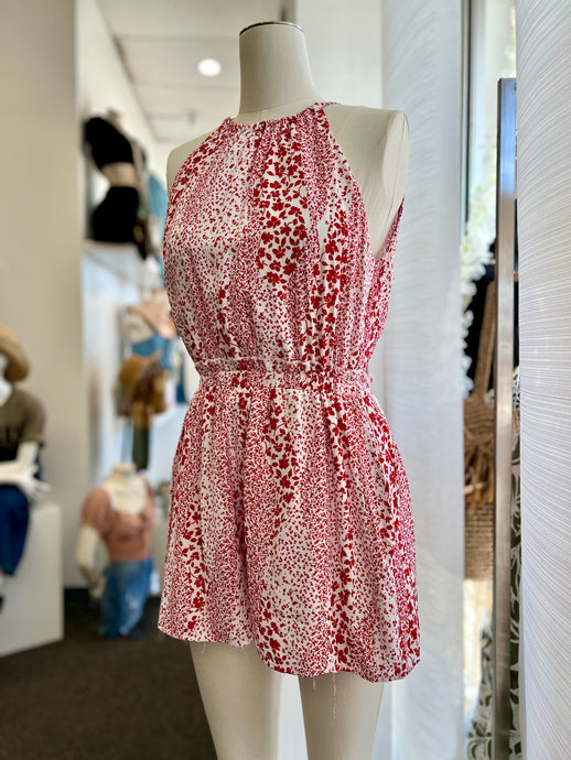 Clearance* Jossie Red and White Leaf Print Halter Romper