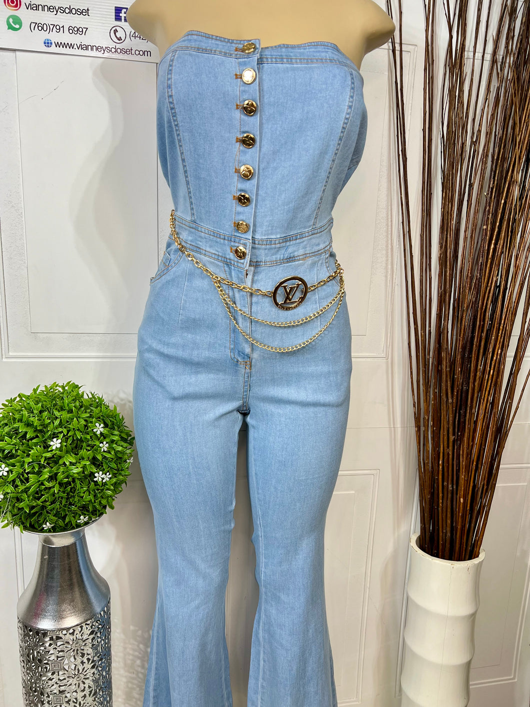 Louis Denim Jumpsuit with Gold Chain