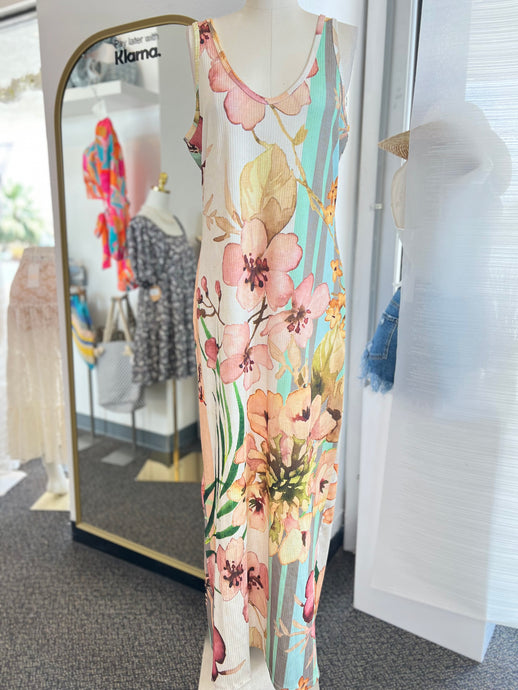 Kailani White Tropical Floral Print Ribbed Maxi Dress