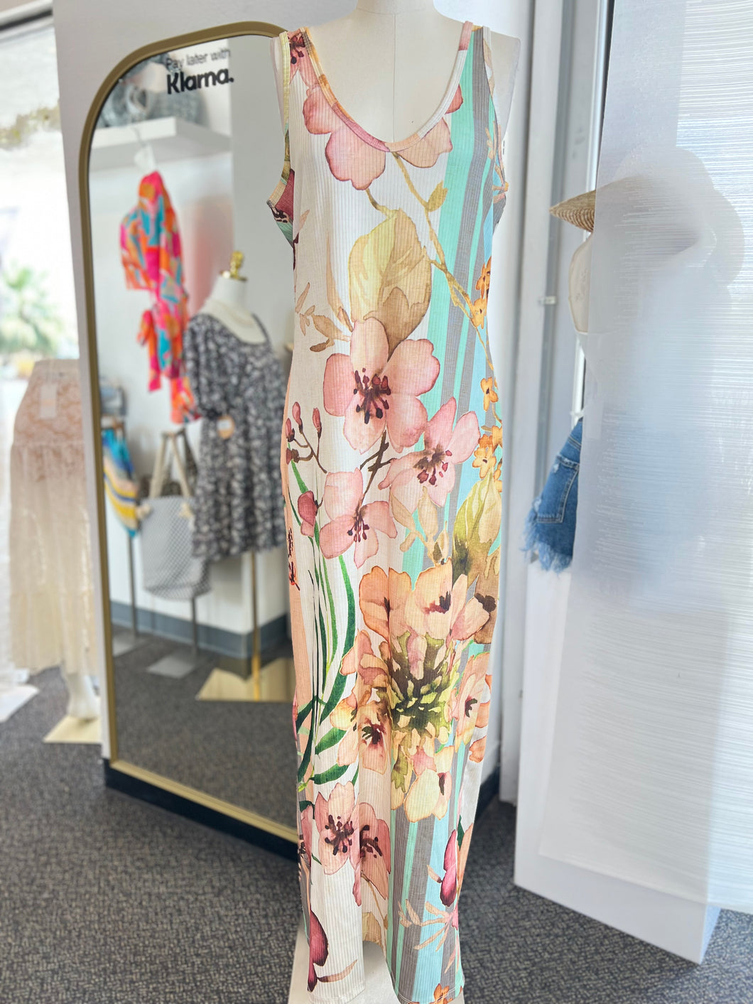 Kailani White Tropical Floral Print Ribbed Maxi Dress