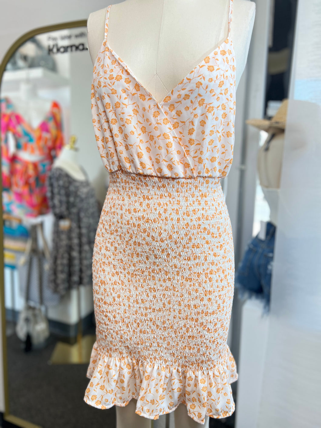 Clearance Orange Floral V Neck Spaghetti Strap Smocked Mini Dress