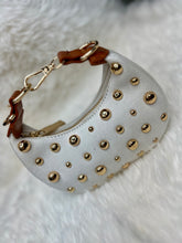 Load image into Gallery viewer, "D" Inspired "LOVE" crescent shaped Gold Studded Vegan Leather  Bag