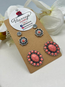 Ellie Coral Trio of Stud Floral Earrings