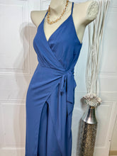 Load image into Gallery viewer, Ixel Navy Blue Spaghetti Strap Flowy V Neck Jumpsuit with Self Tie Belt