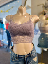Load image into Gallery viewer, Leslie Black, White, Peach, and Dusty Lavendar Floral Laced Scalloped Bralette