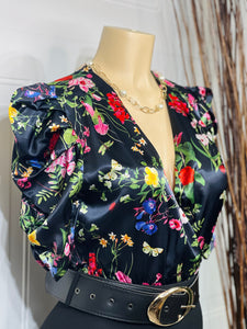 Maya Floral Black Surplice Sleeve Midi Dress