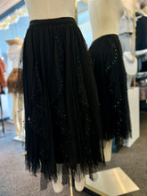 Load image into Gallery viewer, Lizz Embellished Mesh Panel Midi-Skirt Black with Faux Black Pearls