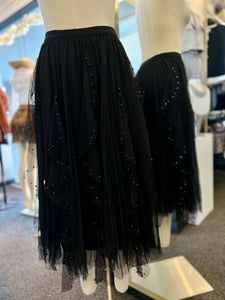 Lizz Embellished Mesh Panel Midi-Skirt Black with Faux Black Pearls