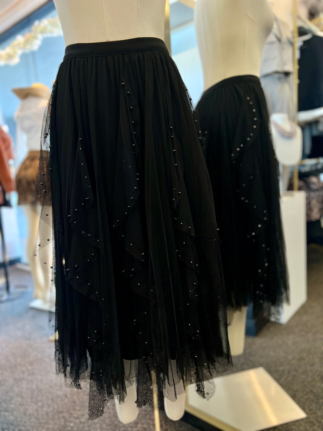 Lizz Embellished Mesh Panel Midi-Skirt Black with Faux Black Pearls