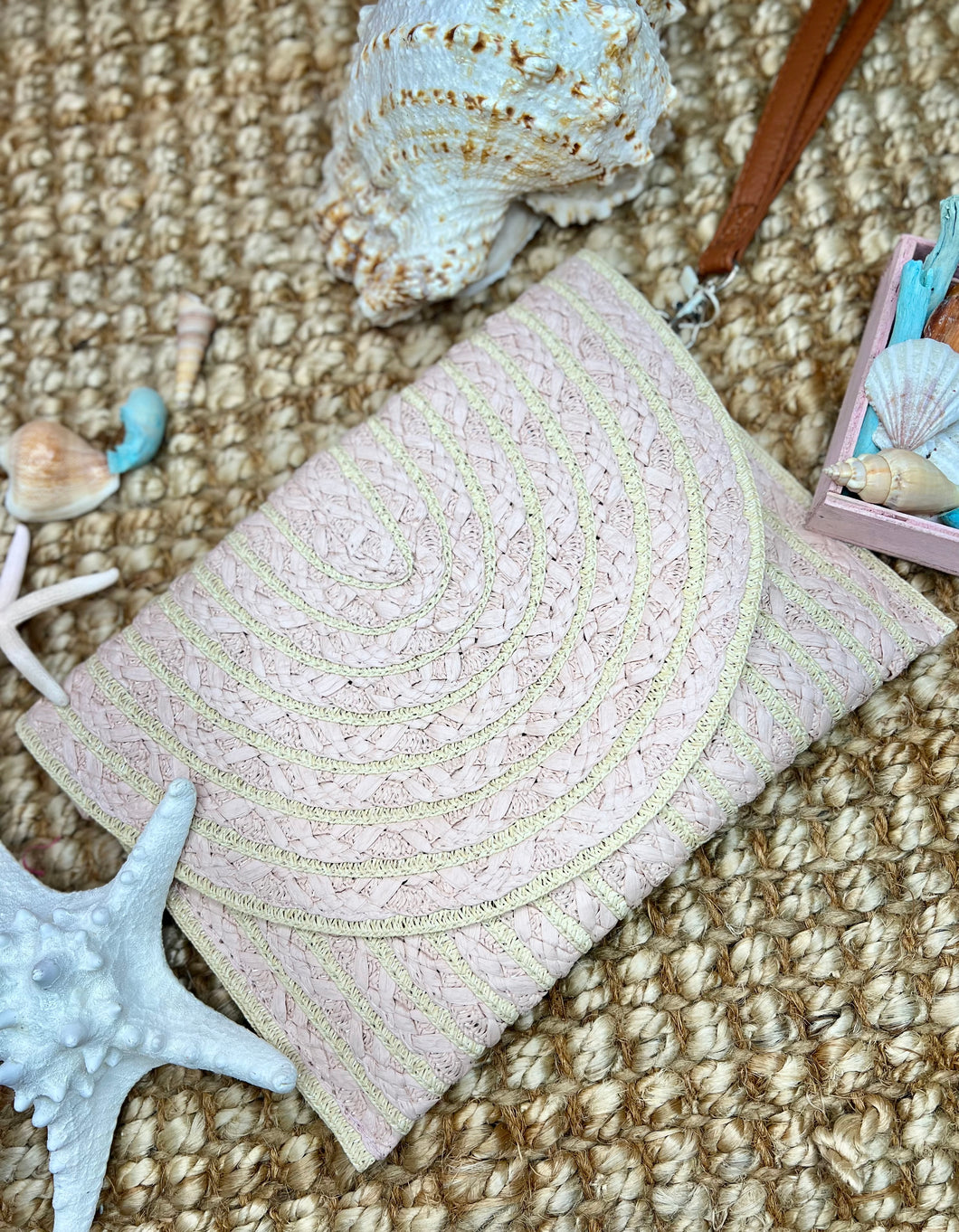 Joselyn Baby Pink and Beige Raffia Clutch or Crossbody Bag