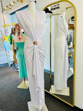 Load image into Gallery viewer, Jenny White Sleeveless Deep V Rushed Open Front Maxi Gold Hardware Brooch Detail