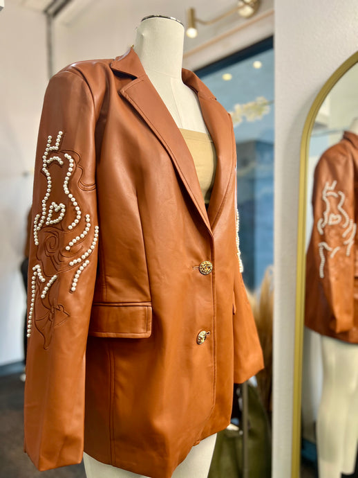 Lauren Plus Size Vegan Leather Carmel Pear Detail Blazer