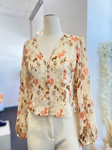 Layla Cream Zen Print V-Neck Button Down Top