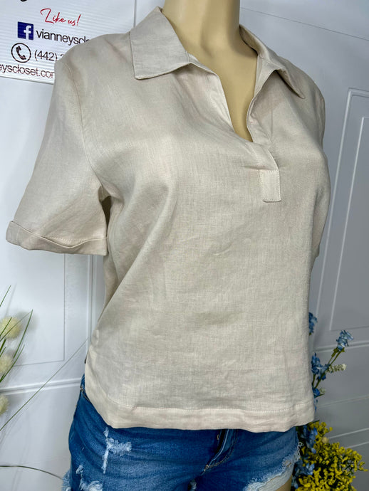 Daysy Beige Linen V-Neck Top