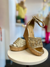 Load image into Gallery viewer, Danna Gold &amp; Cork Open Toe Wedge Platforms with Adjustable Ankle Straps