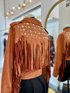 Estrella Camel Suede Zipper Up Stars Design Cowgirl Jacket