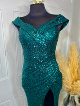 Load image into Gallery viewer, Farah Teal Sequence Off the Shoulder Evening Dress