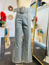 Load image into Gallery viewer, Dayra Light Washed Denim Flare Jeans Faux Swarovski Belt Included