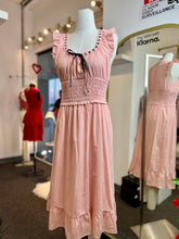 Load image into Gallery viewer, Lexi Midi Blush Pink Smocking Waist Black Lace Up Dress