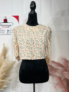 Paris Ivory Floral 3/4 Sleeve Open Back Cropped Blouse