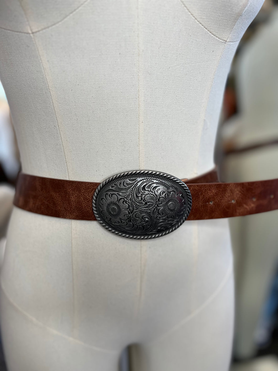 Taylor Plus Size Silver Buckle Cognac Leather Belt