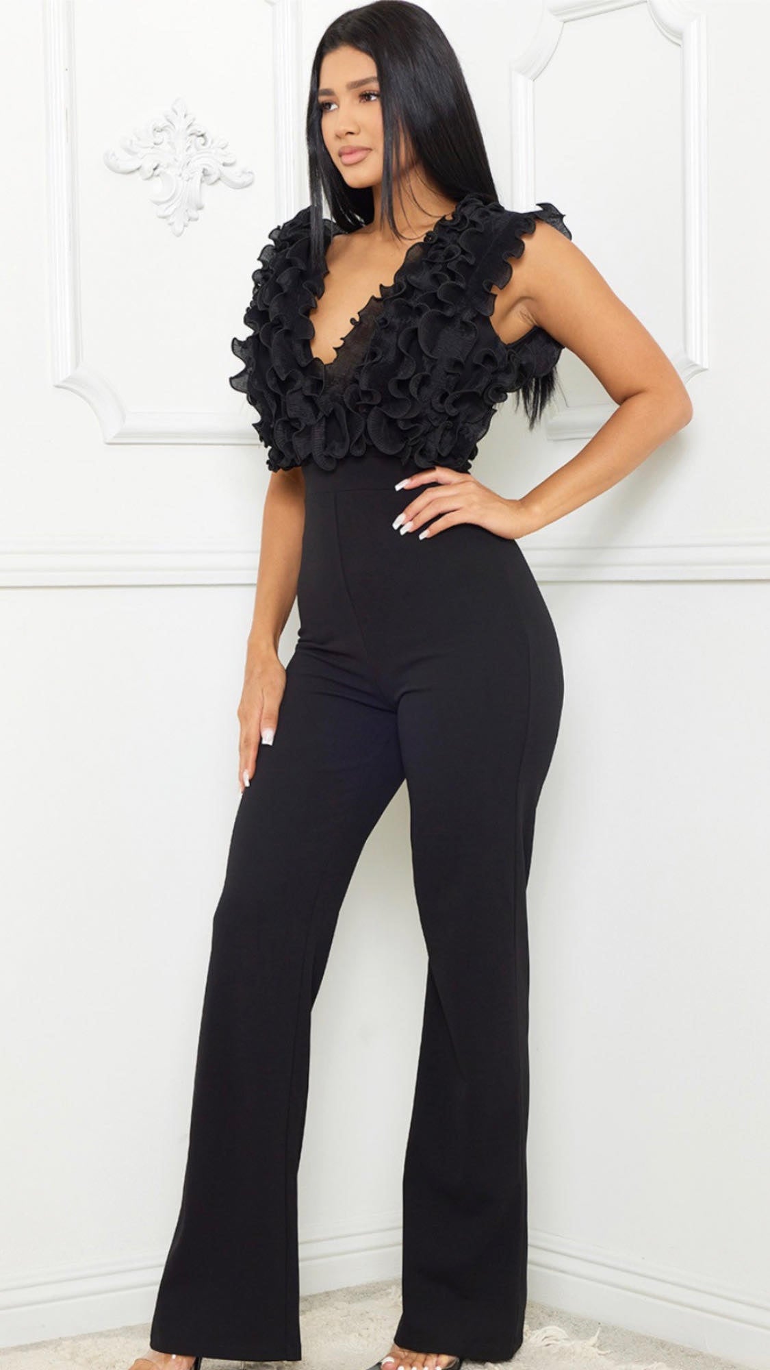 Sophia Black Ruffle Top Jumpsuit