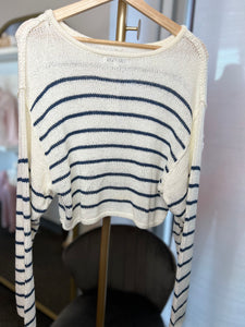 Leighton Coral Red & Navy Blue Striped Cropped Sweater