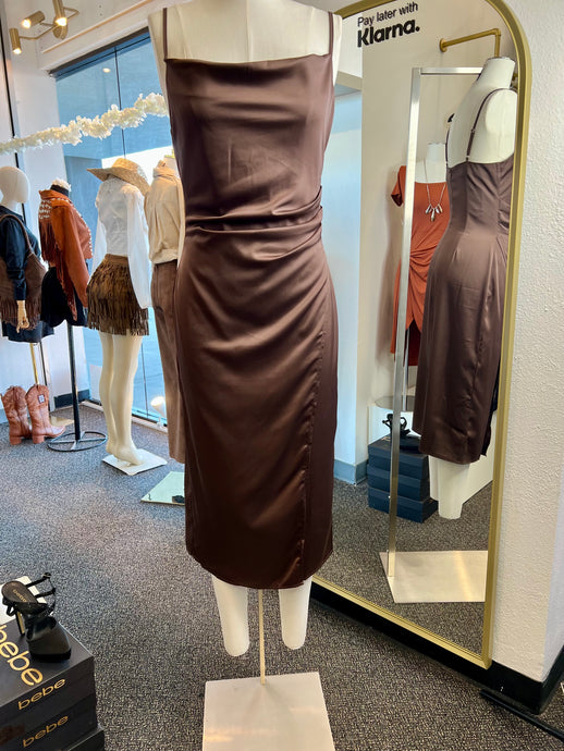 Galilea Brown or Wine Spaghetti Sleeve Long Side Slit Dress